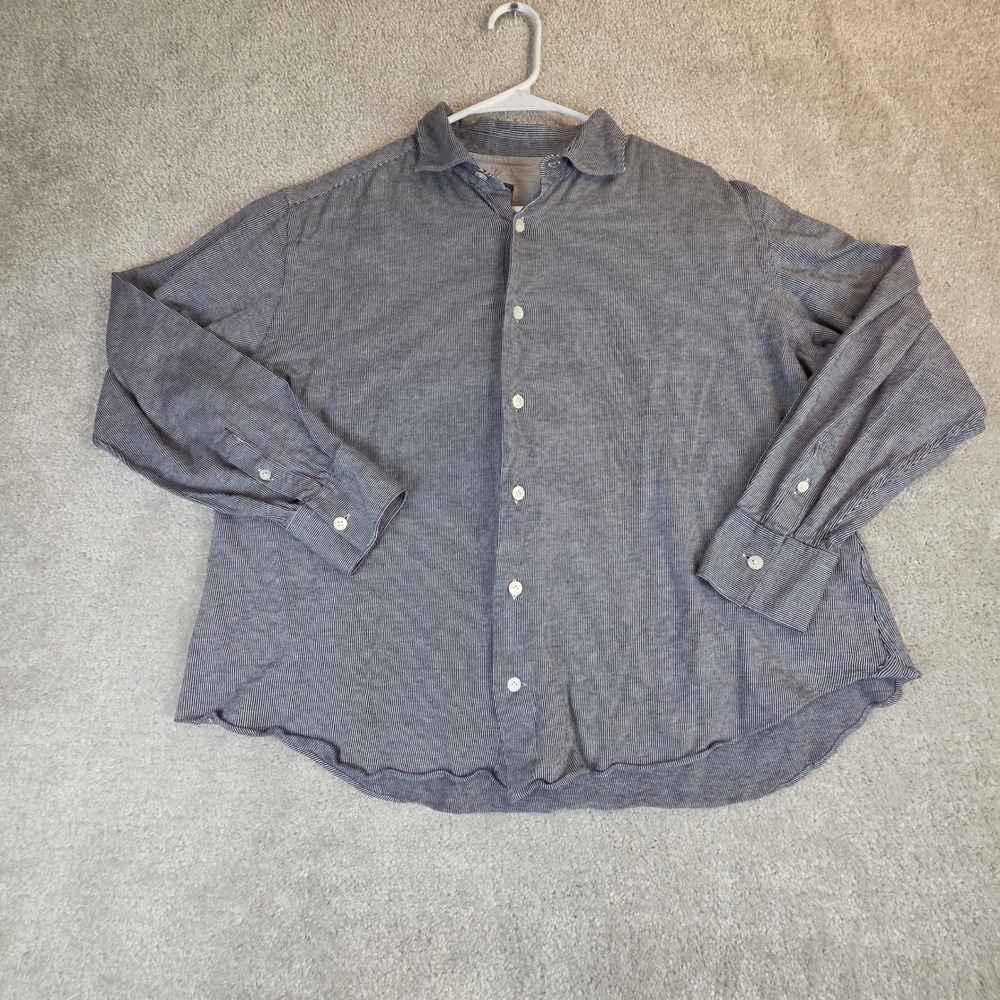Eleventy Mens XL Button Up Shirt Navy Stripe Cotton Italy 24 P2P 25 Length